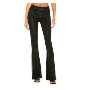 PAIGE Lou Lou High Rise Buttonfly Black Fog Luxe Coated Flare Jeans 28